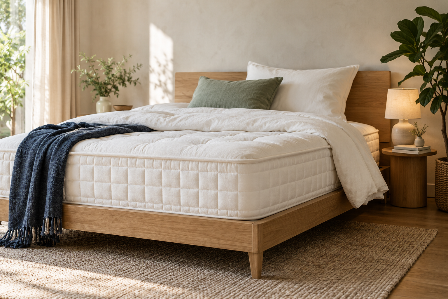 A restful bedroom with a comfortable white mattress, soft linen and sage accents